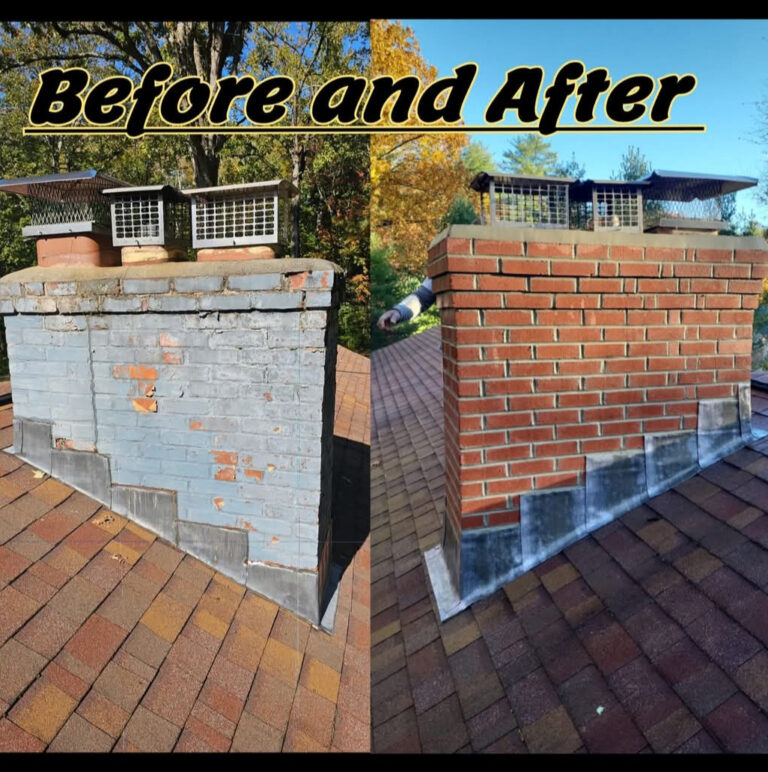 efore and after image showcasing expert Chimney Repair Connecticut services in Connecticut, highlighting a dramatic transformation in chimney restoration