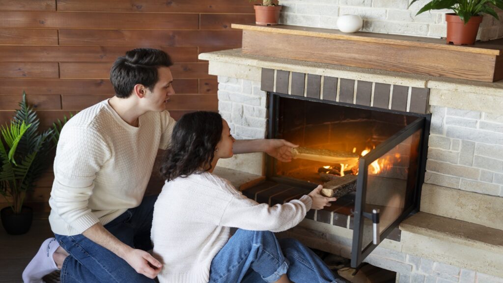 Fireplace repair Connecticut - high angle people sitting by fireplace